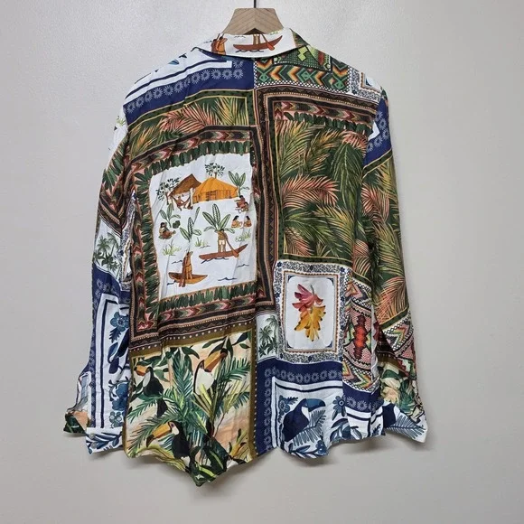 Farm Rio Tropical Mixed Scarfs Patterned Button Up Shirt Sz XL Beach Vacation - Picture 5 of 9